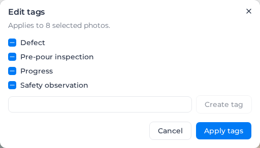 Edit tags dialog for eight selected photos