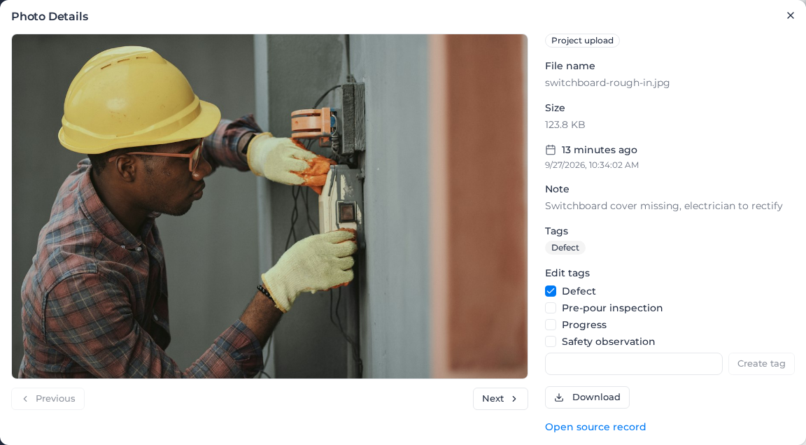 Photo Details for a project upload, with note, tags, Edit tags and Download