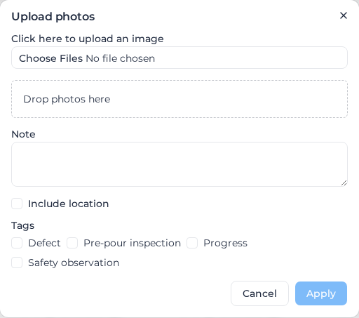 Upload photos dialog with file picker, Note, Include location and Tags