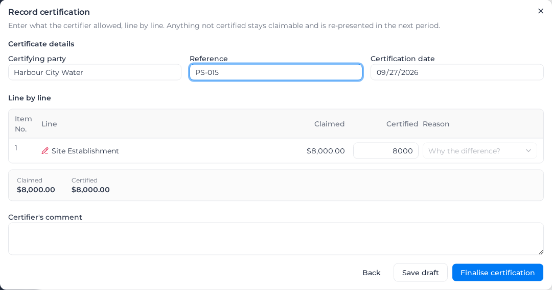 Record certification dialog, with the certificate details and one line to certify