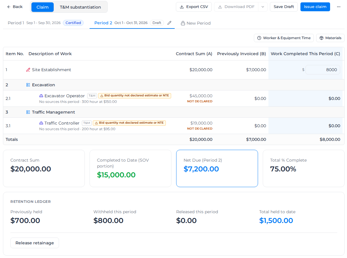 A draft claim for the second billing period of a bid, with the fixed-price line at 75% complete and the retention ledger below