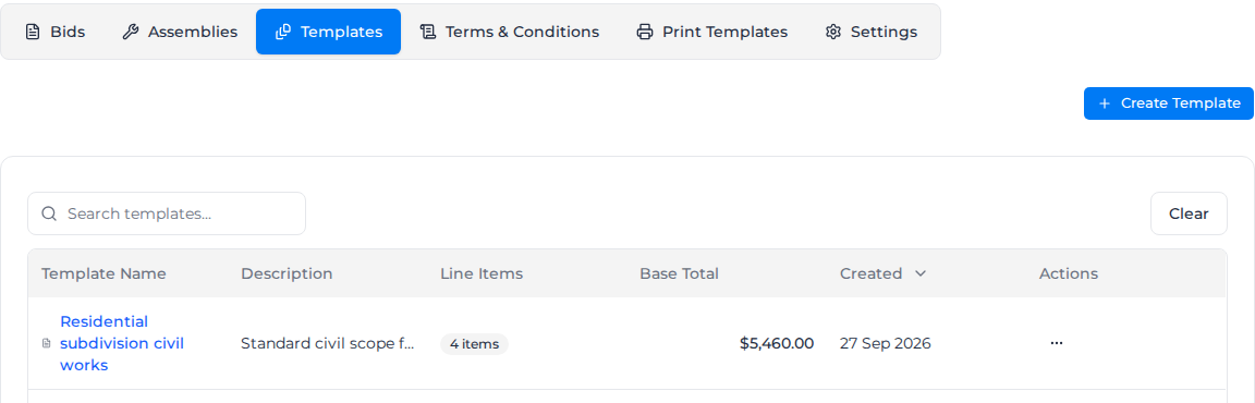 Templates tab of the Bids page
