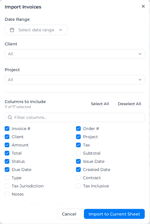Import Invoices dialog, opened from Import from data source → Invoices