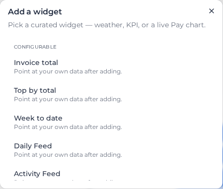 Add a widget, opened from Add tile → Widget
