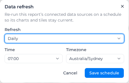 Data refresh dialog set to refresh daily at 07:00