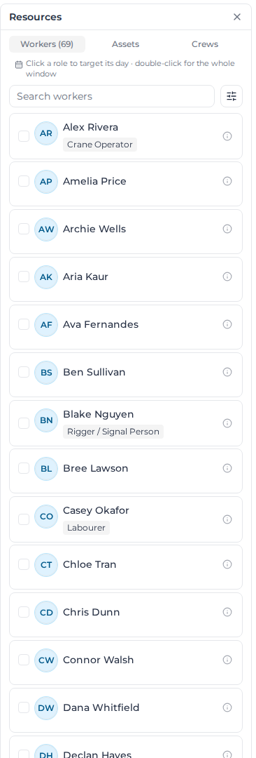 Resources panel on the Workers tab, with each worker's roles
