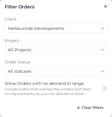 Filter Orders panel with client, project and status filters
