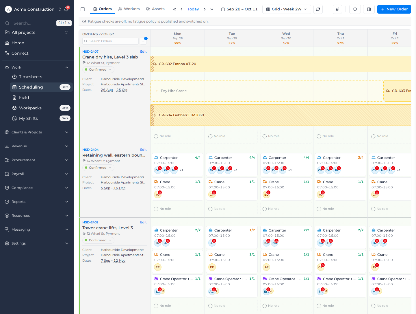 Scheduling board with the toolbar, order rows and role cards for each day