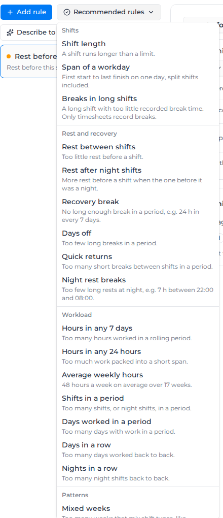 Recommended rules menu, grouped into Shifts, Rest and recovery, Workload and Patterns
