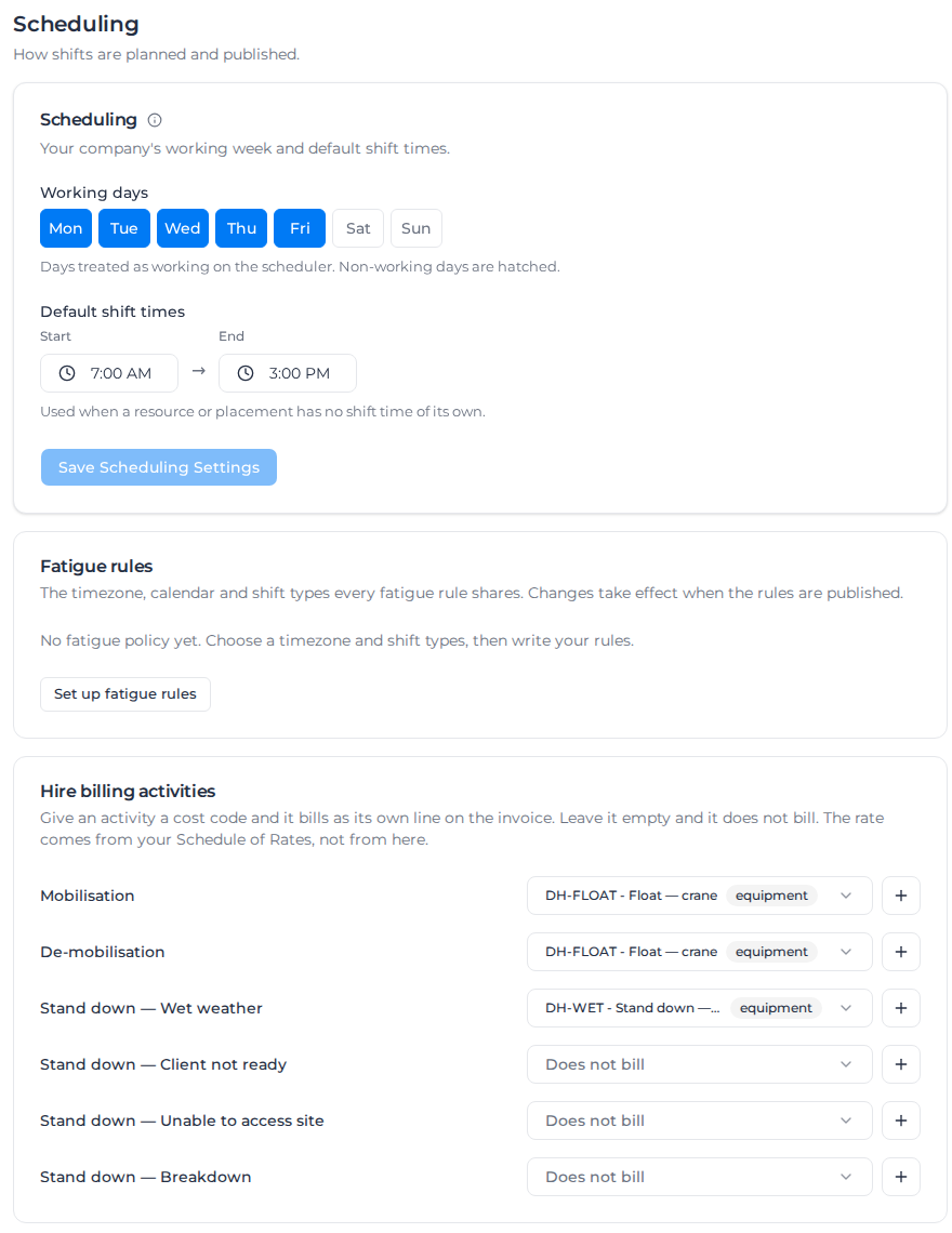Scheduling section of Settings, with working days, default shift times and fatigue rules