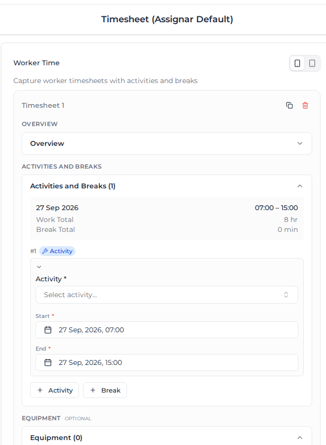 Timesheet opened from a shift, with the activity row filled in from the shift's times