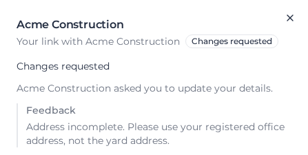 Principal contractor panel with the status Changes requested and the principal contractor's feedback