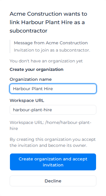 Invitation page for someone with no organization, with the Create your organization form