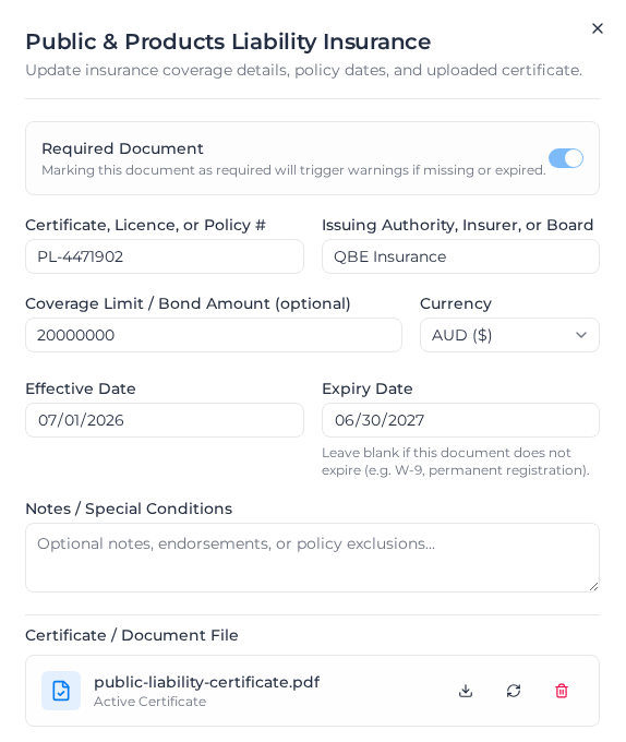 Details panel for Public & Products Liability Insurance, with the policy number, insurer, cover, dates and the uploaded certificate