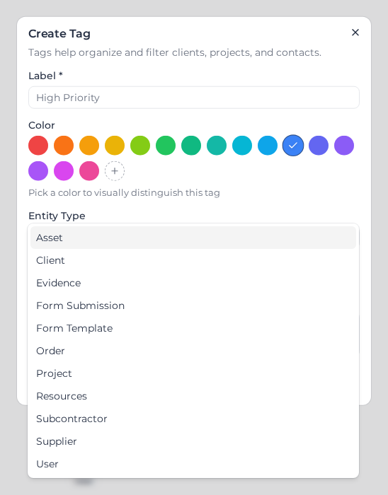 Create Tag dialog with Entity Type open and Resources in the list