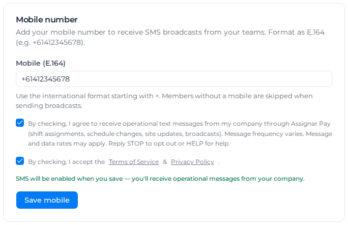 Mobile number card in personal Settings, with a number entered and both consent boxes ticked