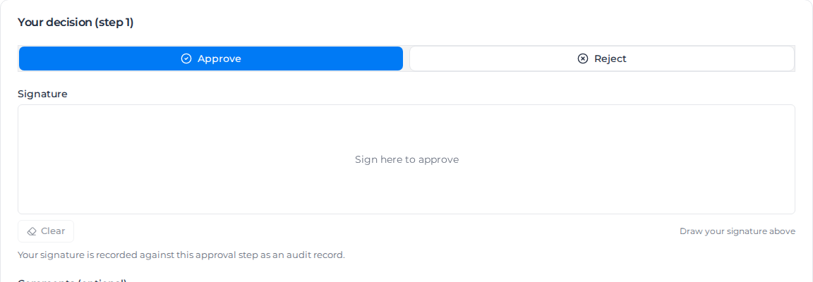 Your decision section of Review & decide with the Approve and Reject tabs and the signature box
