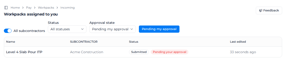 Workpacks assigned to you, the reviewer's list with one workpack pending approval