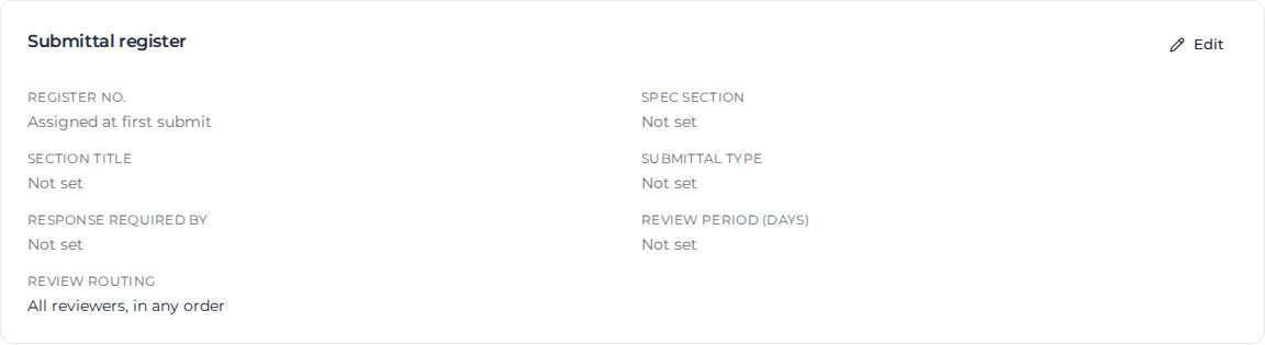 Submittal register card on a draft submittal, with Register no. assigned at first submit
