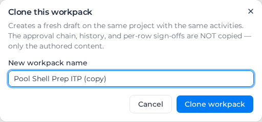 Clone this workpack dialog, opened from the workpack's ⋯ menu