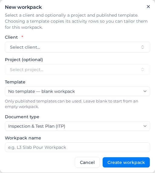 New workpack dialog with Client, Project, Template, Document type and Workpack name, opened with New workpack