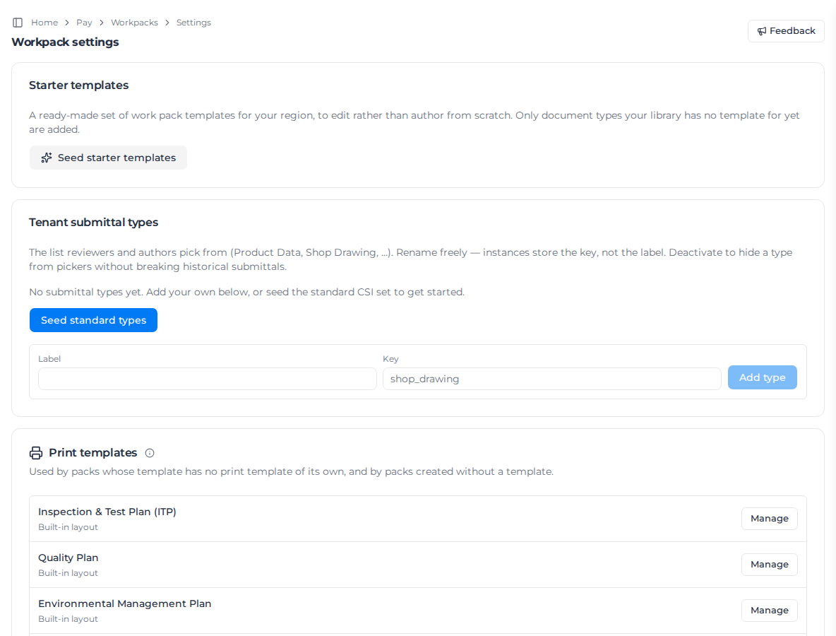Workpack settings with Starter templates, Tenant submittal types and Print templates, opened from Workpacks → Settings